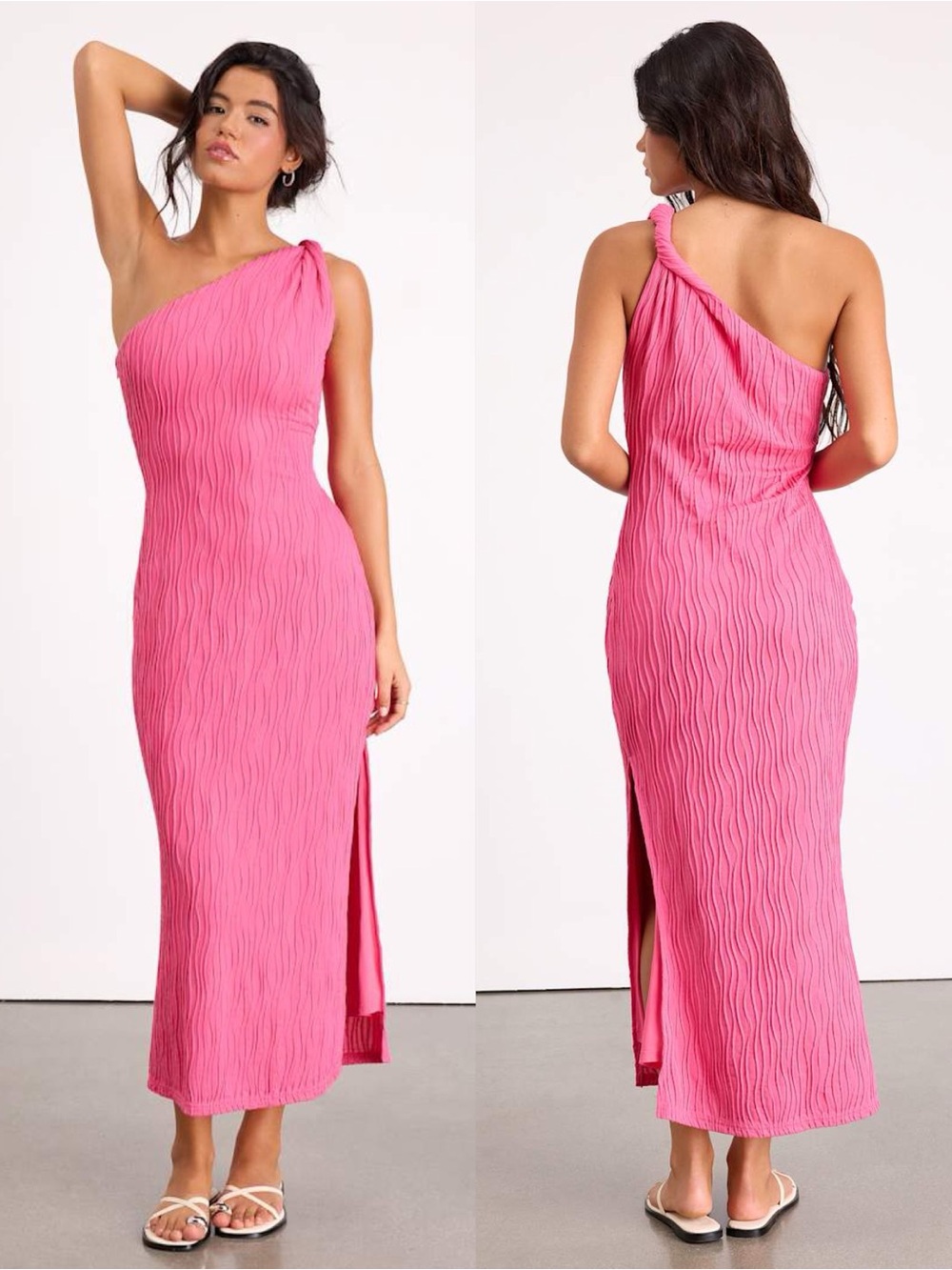 LULU’S Aristea Fuchsia Textured One-Shoulder Midi Dress